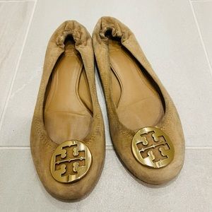 Tory Burch Minnie tan suede ballet flats with gold logo detail, size 8.